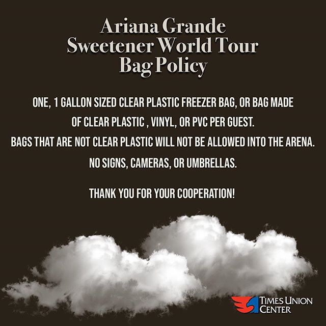 Just 5 more days until #SweetenerWorldTour 🖤
Remember! Each fan may carry ONE CLEAR bag, no regular handbags or purses. Ziploc bags are acceptable! In addition, no cameras or signs will be allowed at this event. The camera built into your cell phone is okay. Visit our website for more security info!
